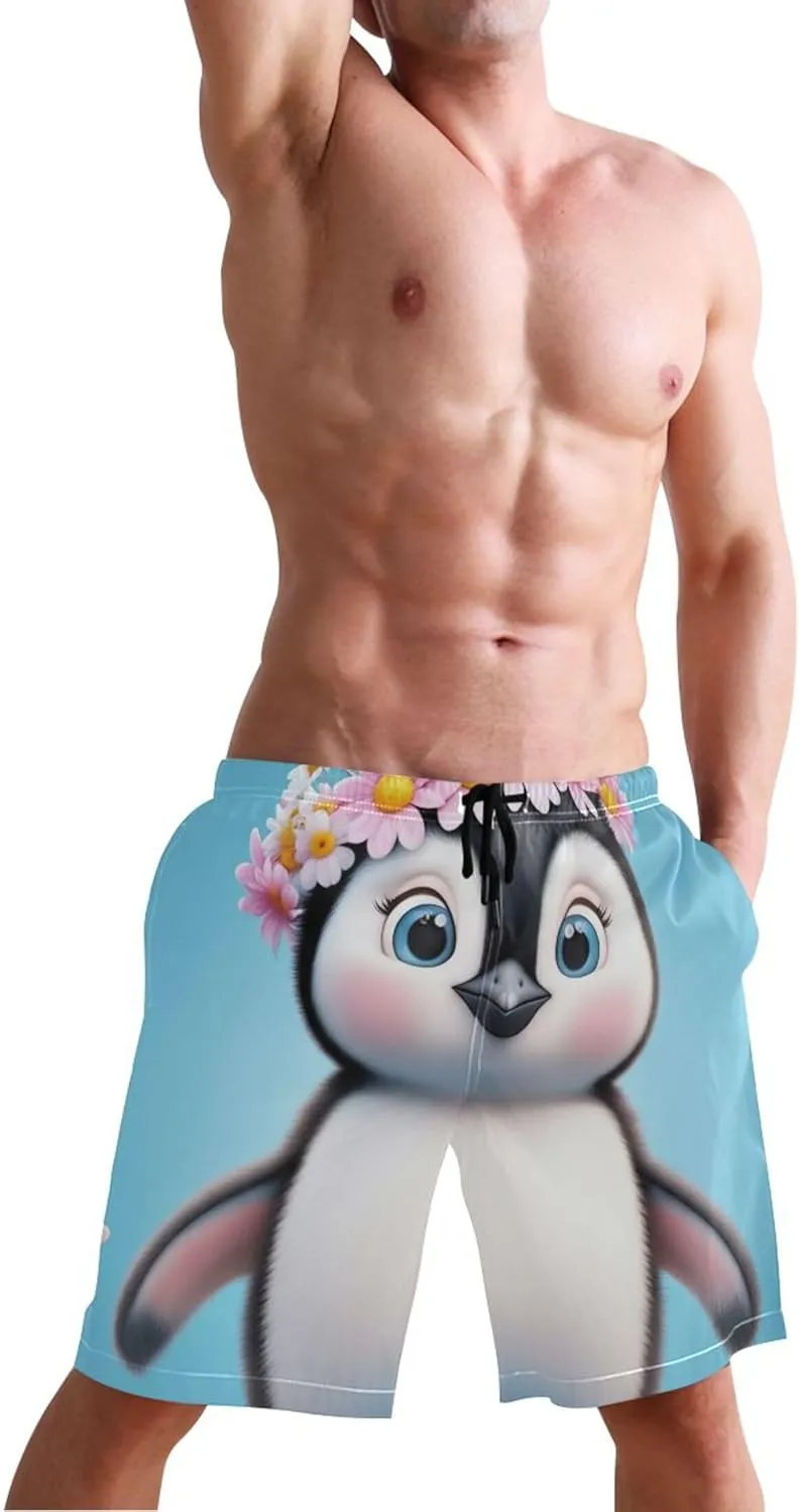 Cute Penguin Flowers Blue Men's Swim Trunks Funny Swimwear Bathing Suit Surf Swimming Suit for Men S