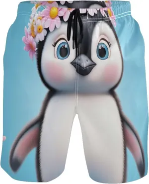 Cute Penguin Flowers Blue Men's Swim Trunks Funny Swimwear Bathing Suit Surf Swimming Suit for Men S