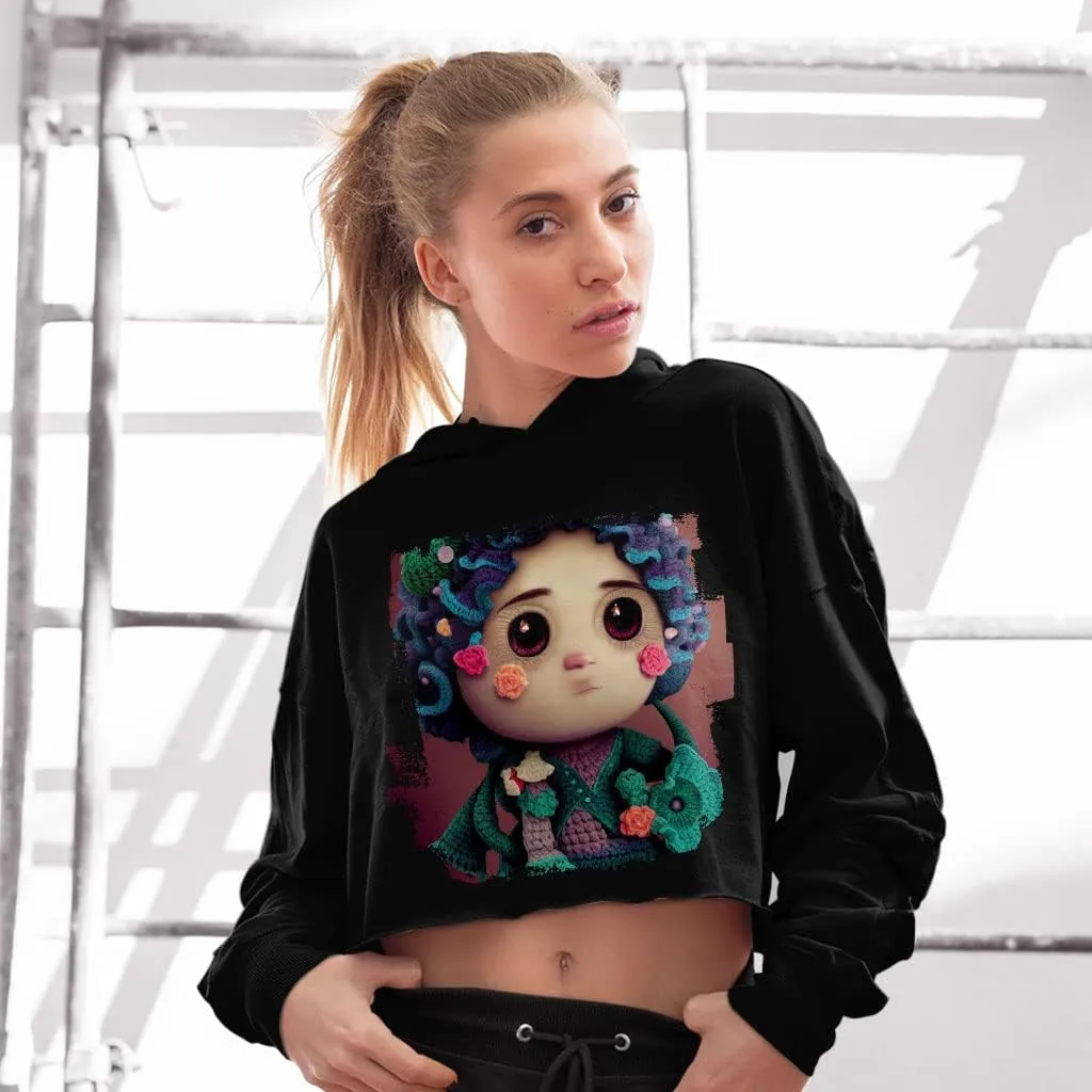 Cute Printed Women's Cropped Fleece Hoodie - Doll Cropped Hoodie for Women - Printed Hooded Sweatshirt