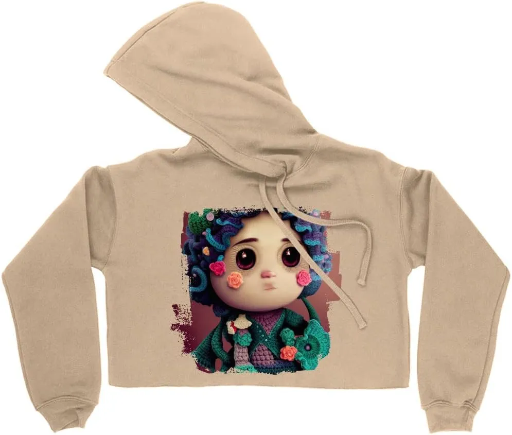 Cute Printed Women's Cropped Fleece Hoodie - Doll Cropped Hoodie for Women - Printed Hooded Sweatshirt