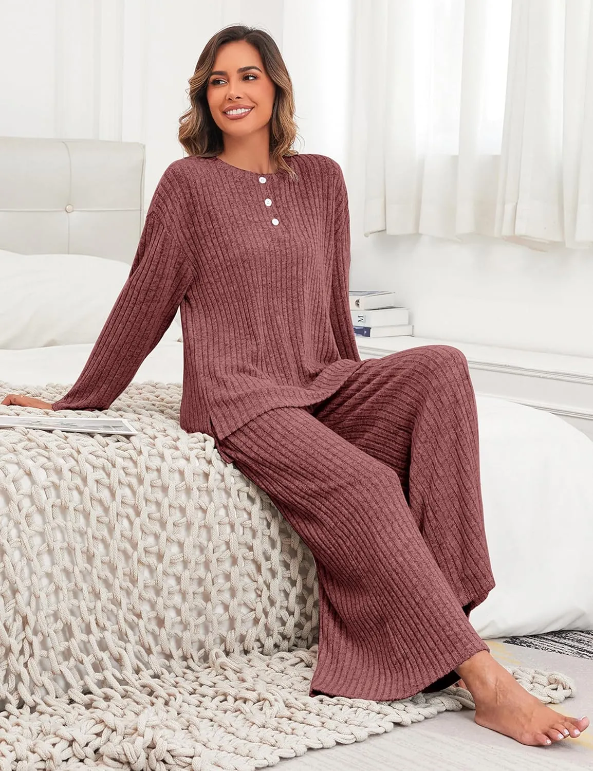 Cysincos Women's Lounge Sets 2 Piece Ribbed Knit Matching Outfits Loungewear Sweatsuits Long Sleeve Pullover Wide Leg Pants