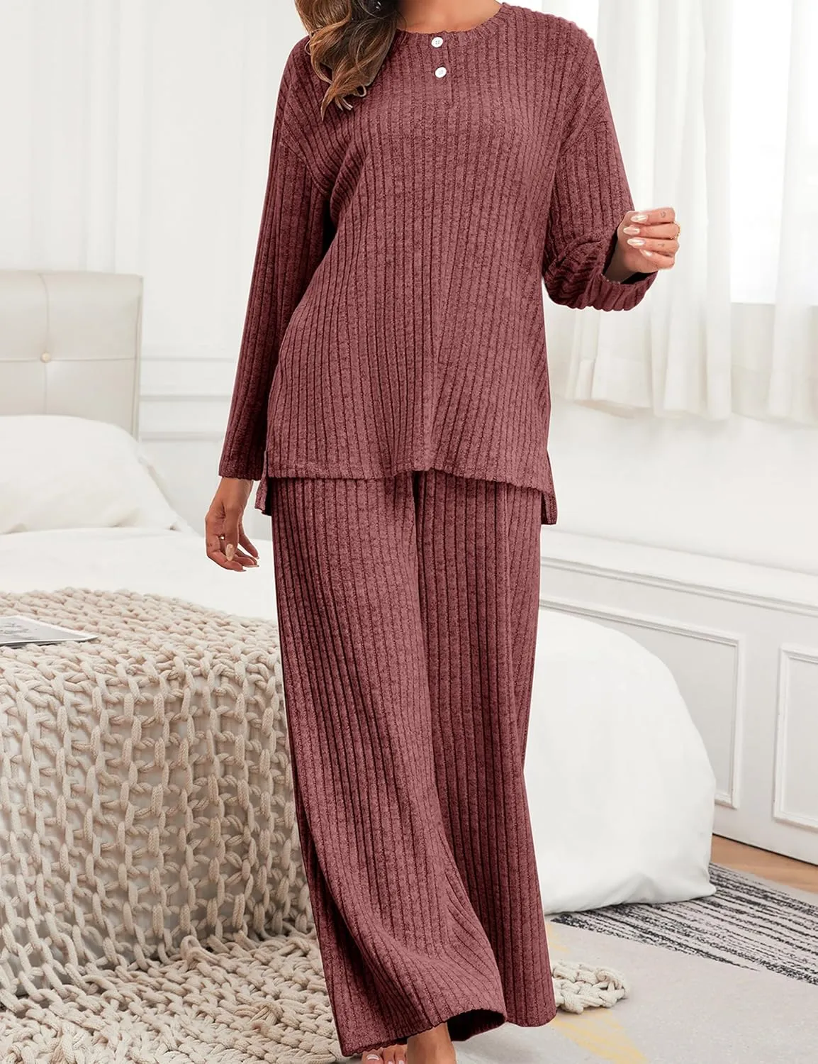 Cysincos Women's Lounge Sets 2 Piece Ribbed Knit Matching Outfits Loungewear Sweatsuits Long Sleeve Pullover Wide Leg Pants