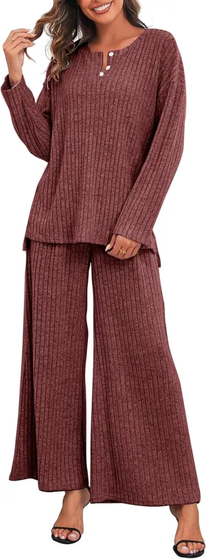 Cysincos Women's Lounge Sets 2 Piece Ribbed Knit Matching Outfits Loungewear Sweatsuits Long Sleeve Pullover Wide Leg Pants