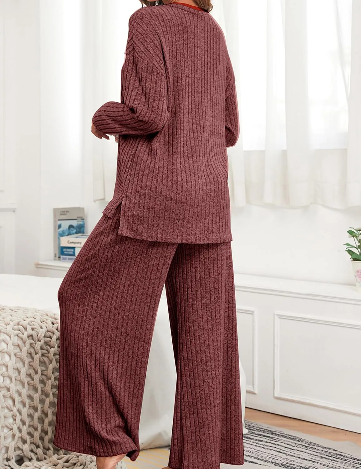 Cysincos Women's Lounge Sets 2 Piece Ribbed Knit Matching Outfits Loungewear Sweatsuits Long Sleeve Pullover Wide Leg Pants