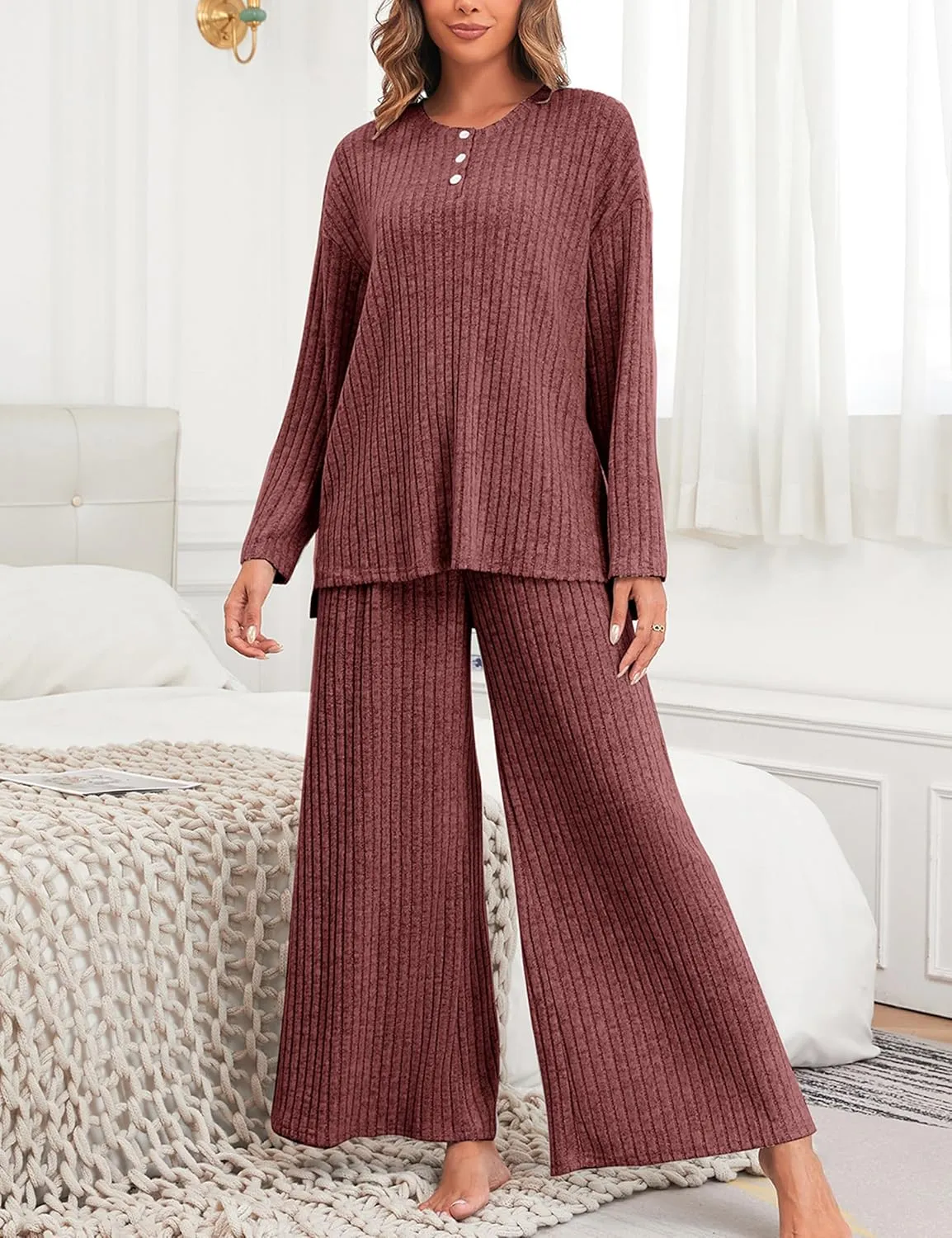 Cysincos Women's Lounge Sets 2 Piece Ribbed Knit Matching Outfits Loungewear Sweatsuits Long Sleeve Pullover Wide Leg Pants