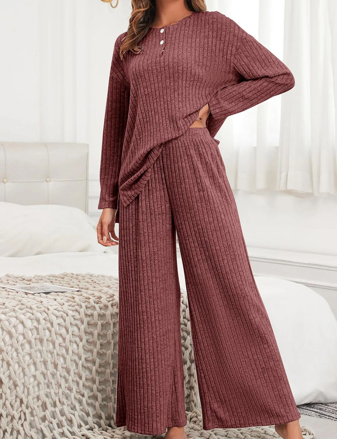 Cysincos Women's Lounge Sets 2 Piece Ribbed Knit Matching Outfits Loungewear Sweatsuits Long Sleeve Pullover Wide Leg Pants