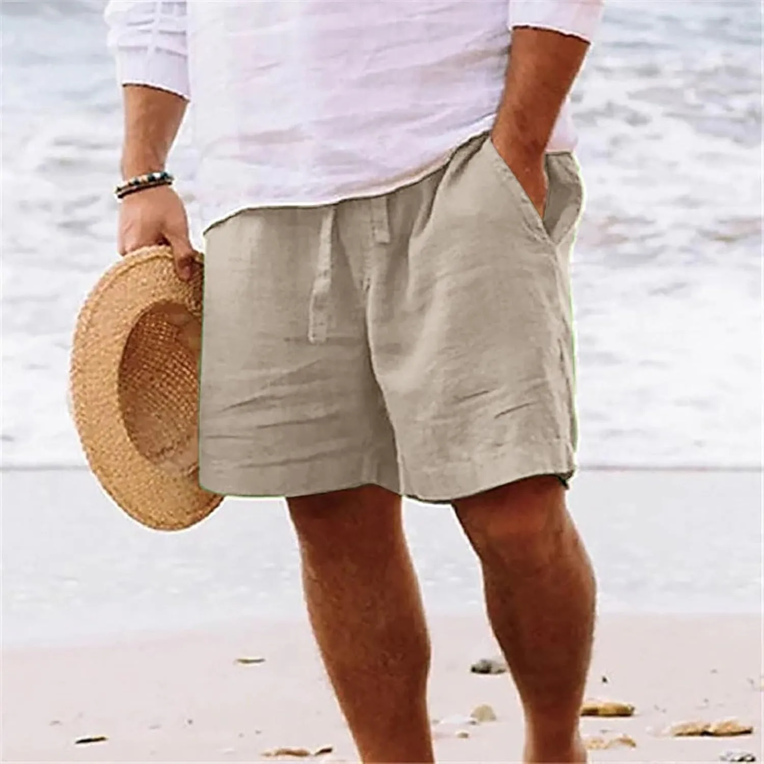 Dademeo Men Summer Cotton Linen Shorts Casual Elastic Waist Drawstring Straight Half Short Pants Comfy Athletic Beach Shorts
