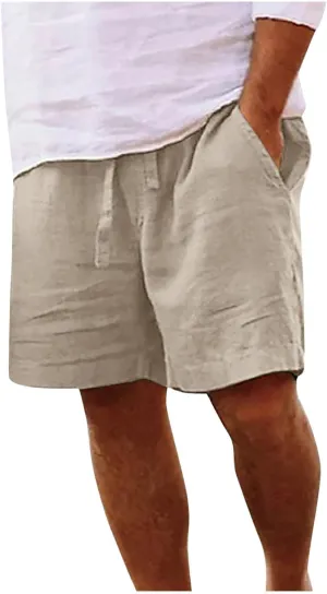 Dademeo Men Summer Cotton Linen Shorts Casual Elastic Waist Drawstring Straight Half Short Pants Comfy Athletic Beach Shorts