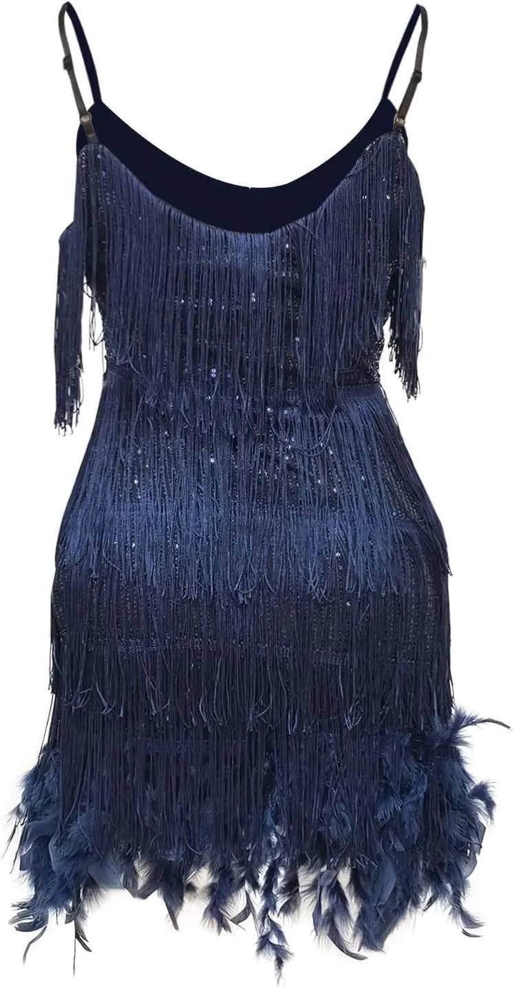 Dance Dresses for Women 1920s Halterneck Sequin Cocktail Dress Fringe Feather Club Prom Party Evening Gown