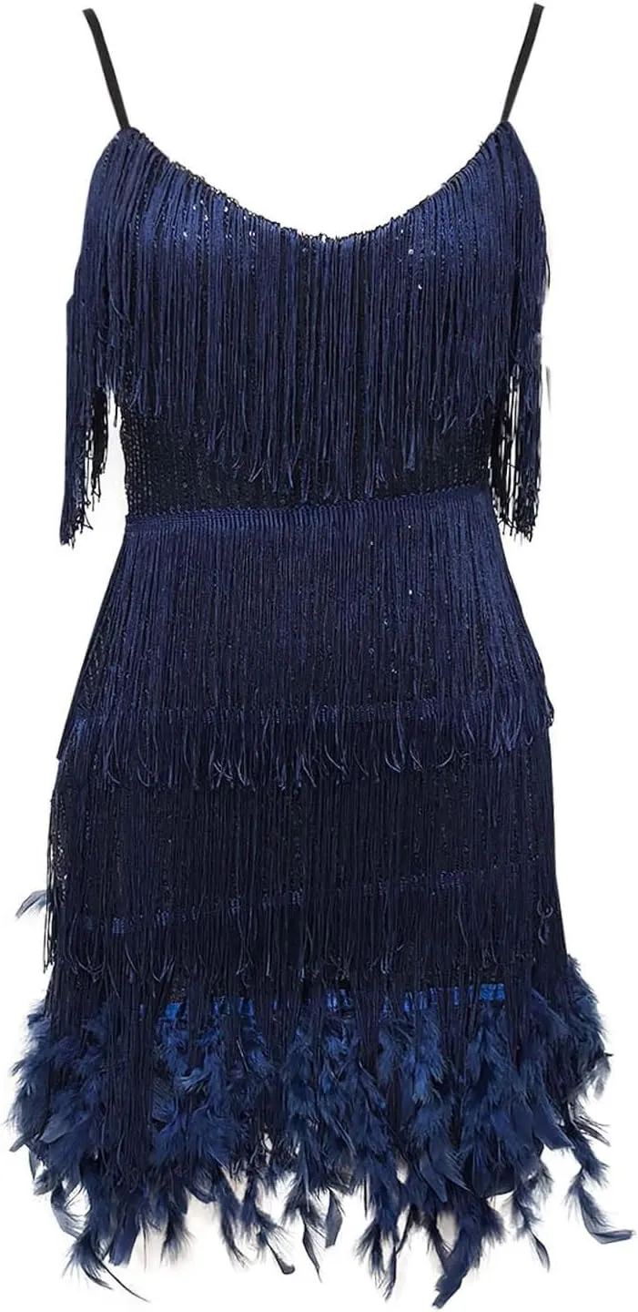 Dance Dresses for Women 1920s Halterneck Sequin Cocktail Dress Fringe Feather Club Prom Party Evening Gown