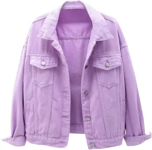 Denim Jacket for Women Vintage Lapel Button Down Jean Coats Plus Size Distressed Boyfriend Trucker Jacket
