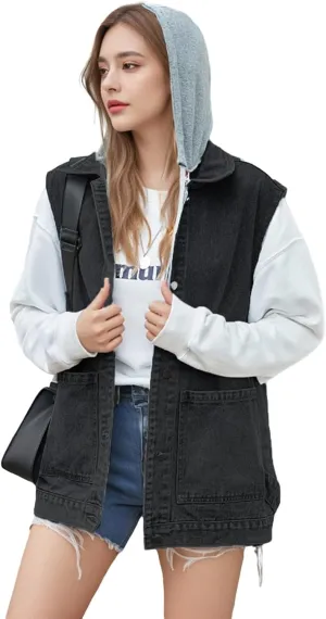 Denim Vest Top for Women Oversized Jean Jacket Button Down Pluse Size Denim Waistcoat Gilet Y2k Outfits with Pockets