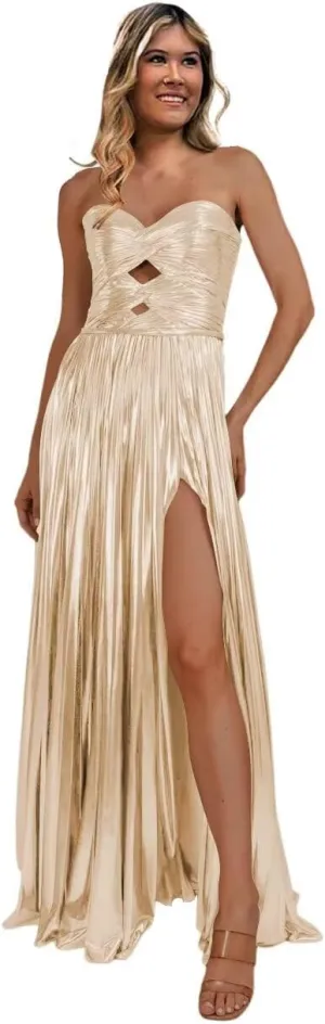 Dessiny Strapless Glitter Metallic Satin Prom Dresses for Women 2024 Long Pleated Formal Party Evening Gowns with Slit DE315