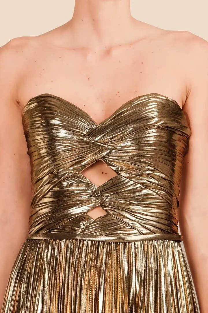 Dessiny Strapless Glitter Metallic Satin Prom Dresses for Women 2024 Long Pleated Formal Party Evening Gowns with Slit DE315