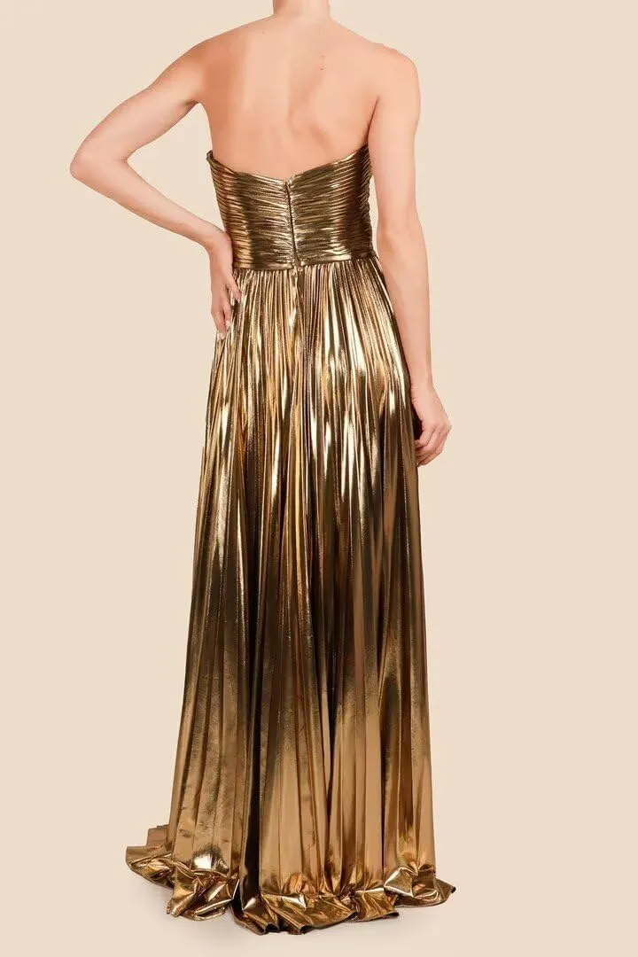 Dessiny Strapless Glitter Metallic Satin Prom Dresses for Women 2024 Long Pleated Formal Party Evening Gowns with Slit DE315