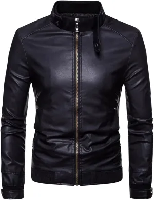 Dgoopd Men Leather Jacket Stand Collar Moto Jacket Waterproof Windproof Motorcycle Jacket Zip up Biker Jacket Leather Coat