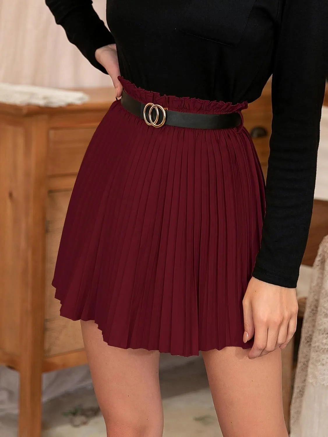 DIERAN Women's Short Skirts Paper Bag Waist Belted Pleated Mini Skirt Summer Casual Mini Skirts