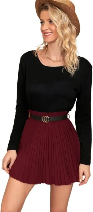 DIERAN Women's Short Skirts Paper Bag Waist Belted Pleated Mini Skirt Summer Casual Mini Skirts