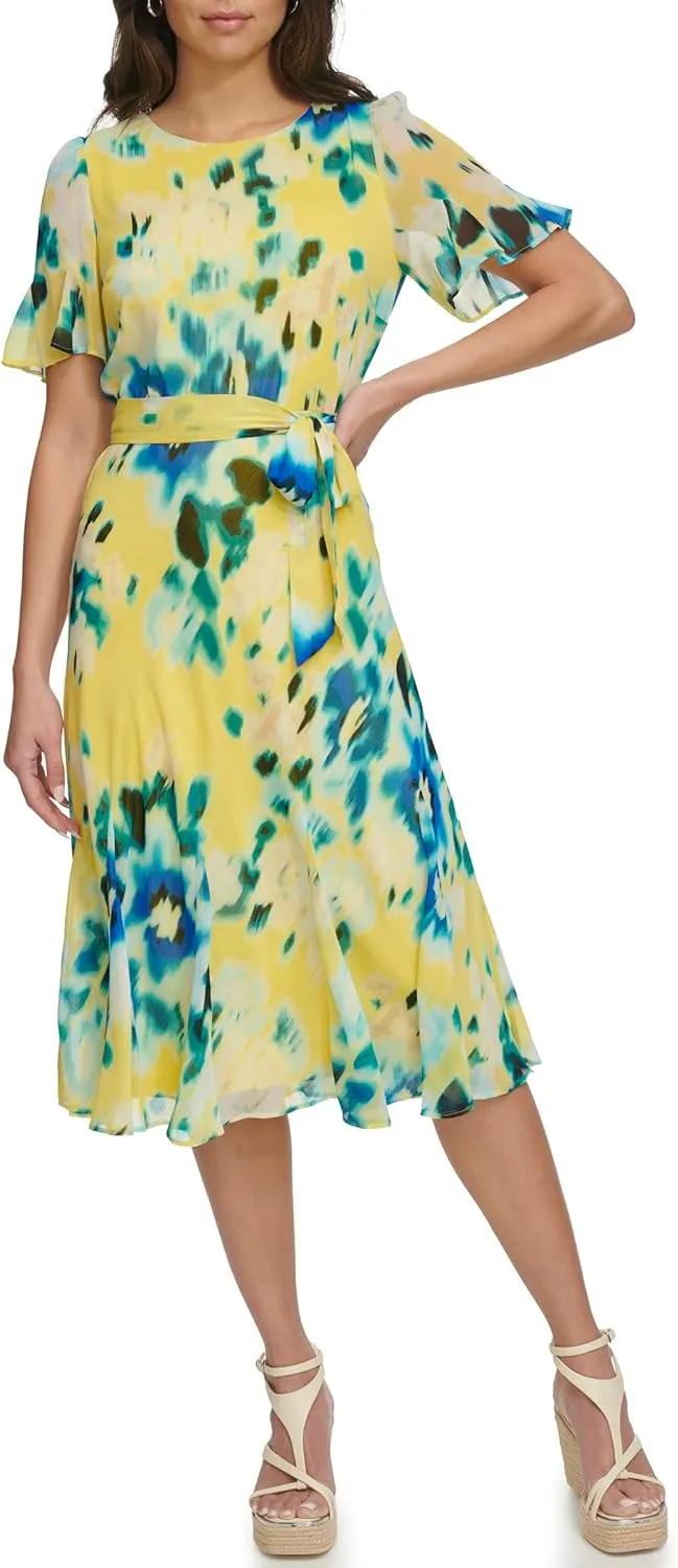 DKNY Women's Flutter Sleeve V-Neck Dress
