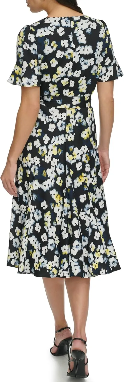 DKNY Women's Flutter Sleeve V-Neck Dress