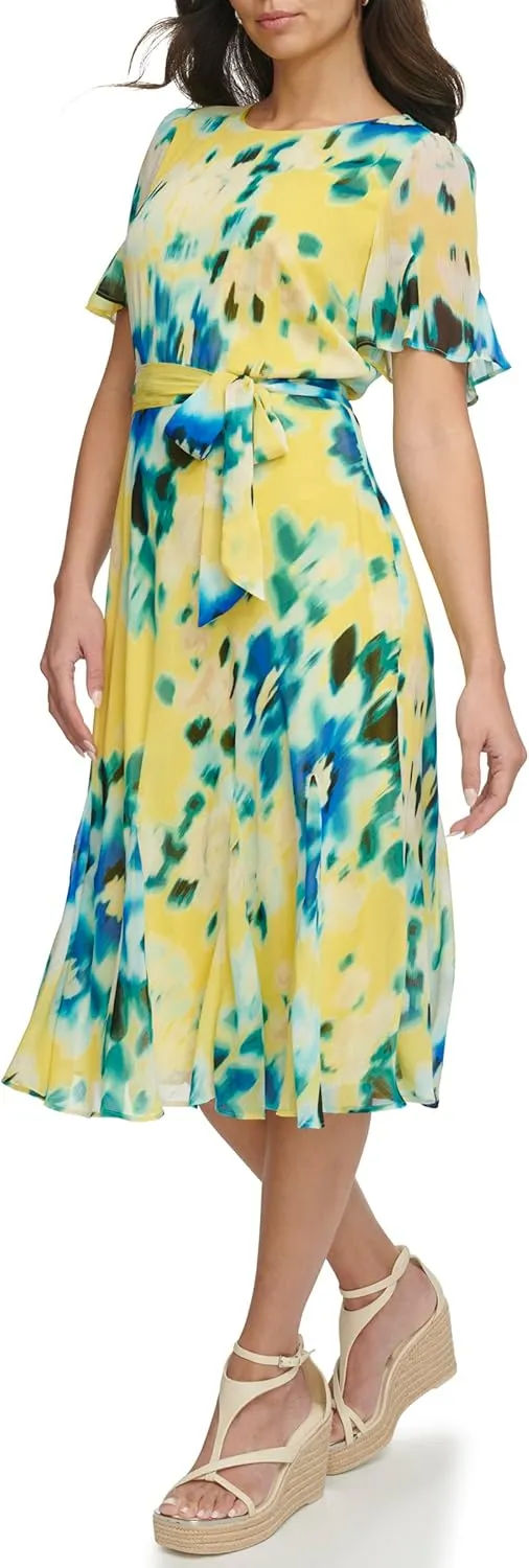 DKNY Women's Flutter Sleeve V-Neck Dress
