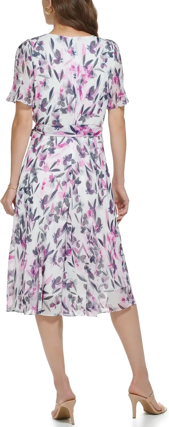 DKNY Women's Flutter Sleeve V-Neck Dress