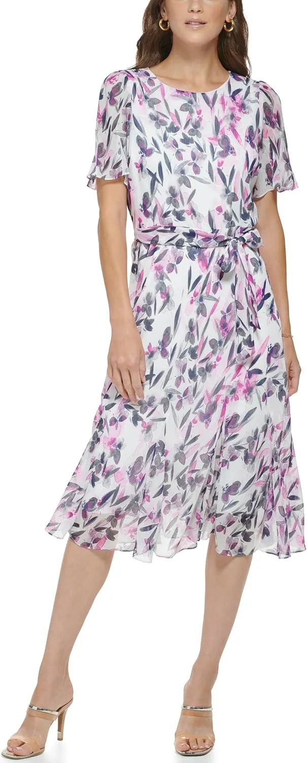 DKNY Women's Flutter Sleeve V-Neck Dress