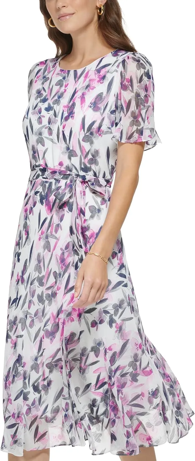 DKNY Women's Flutter Sleeve V-Neck Dress