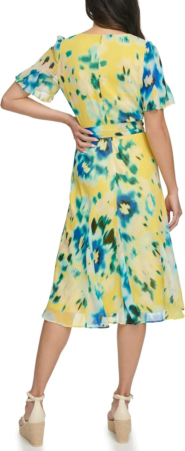 DKNY Women's Flutter Sleeve V-Neck Dress