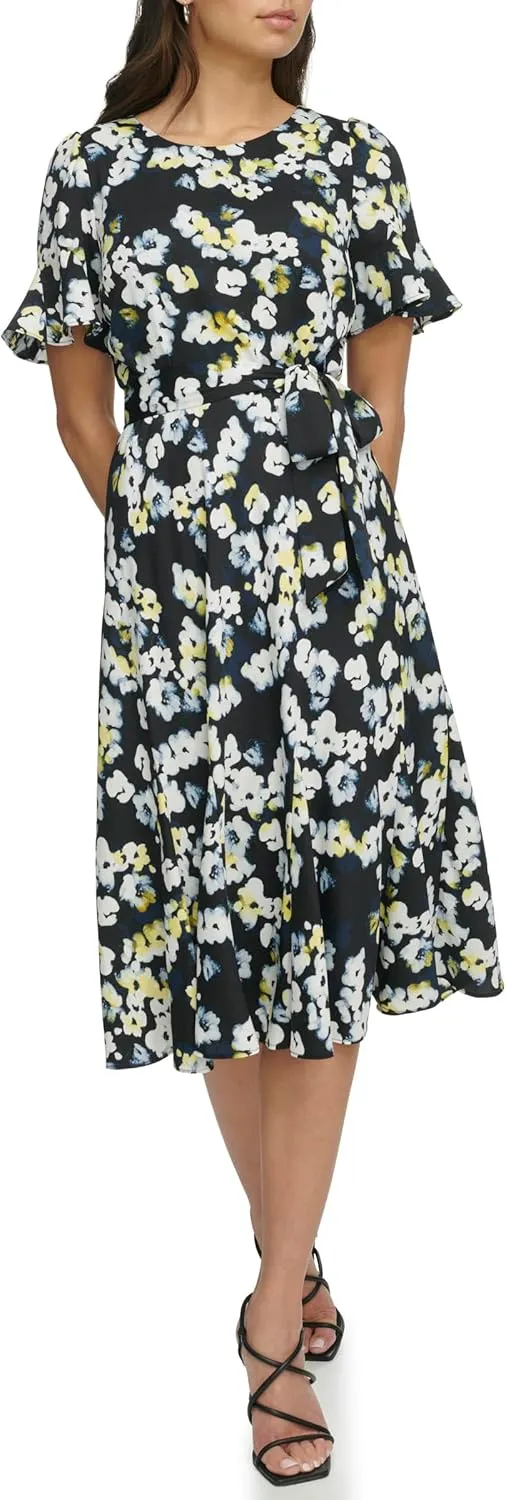 DKNY Women's Flutter Sleeve V-Neck Dress