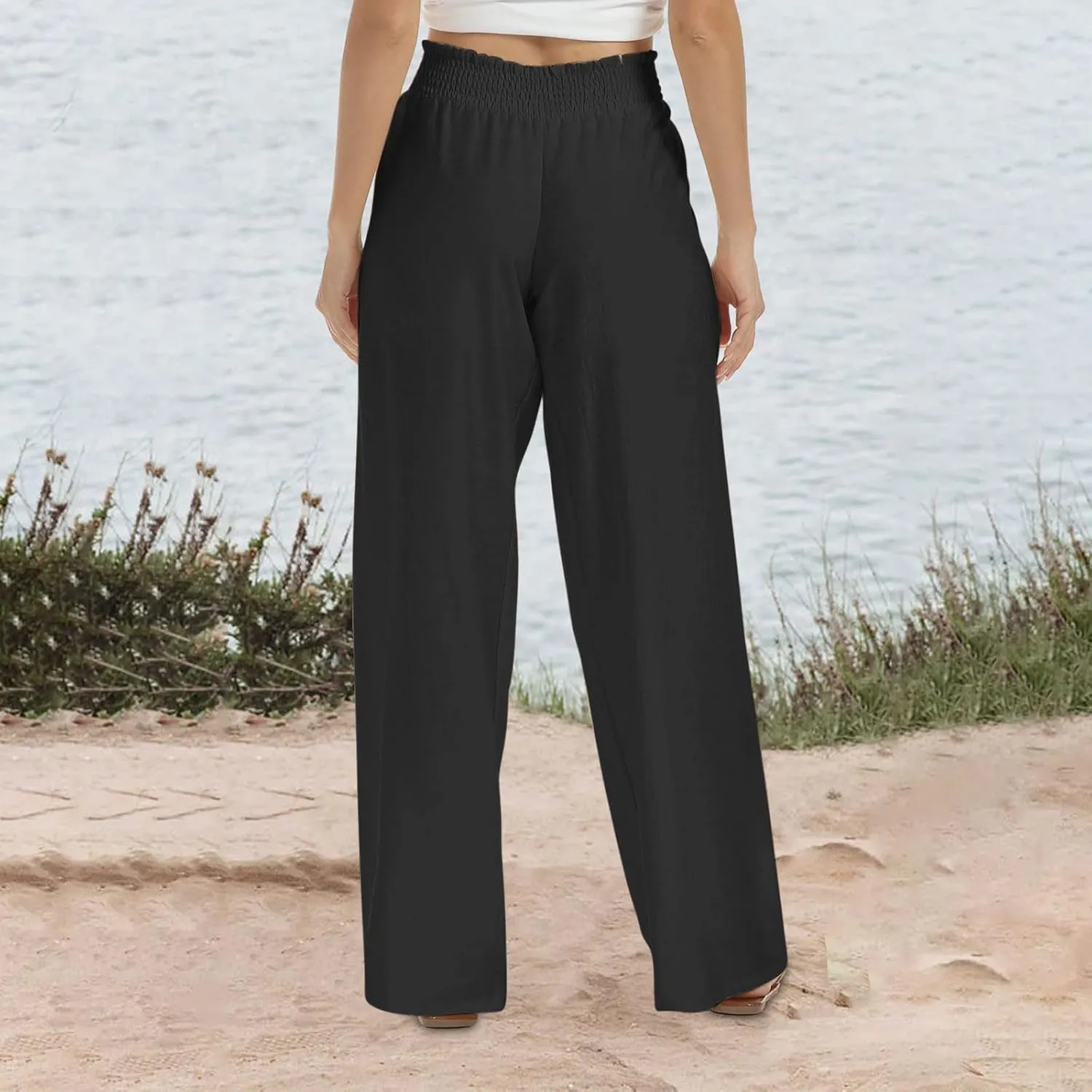 DOLKFU Wide Leg Lounge Pants for Women Elastic High Waist Paperbag Pants Baggy Flowy Straight Leg Palazzo Pants