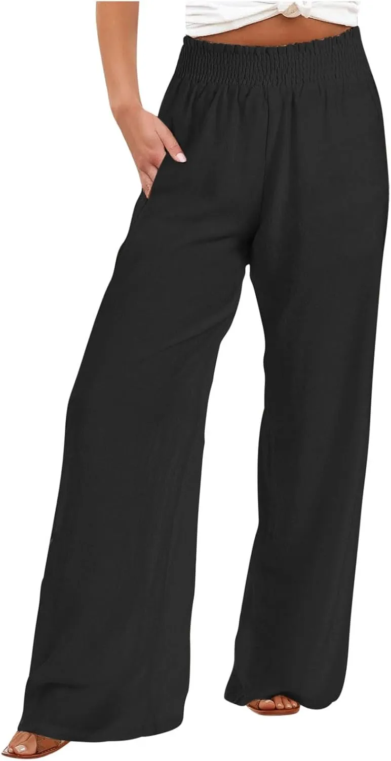 DOLKFU Wide Leg Lounge Pants for Women Elastic High Waist Paperbag Pants Baggy Flowy Straight Leg Palazzo Pants