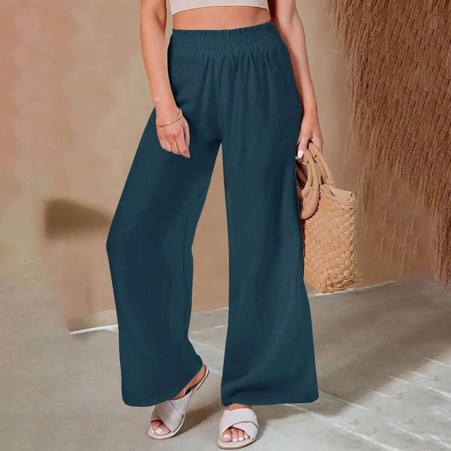 DOLKFU Wide Leg Lounge Pants for Women Elastic High Waist Paperbag Pants Baggy Flowy Straight Leg Palazzo Pants