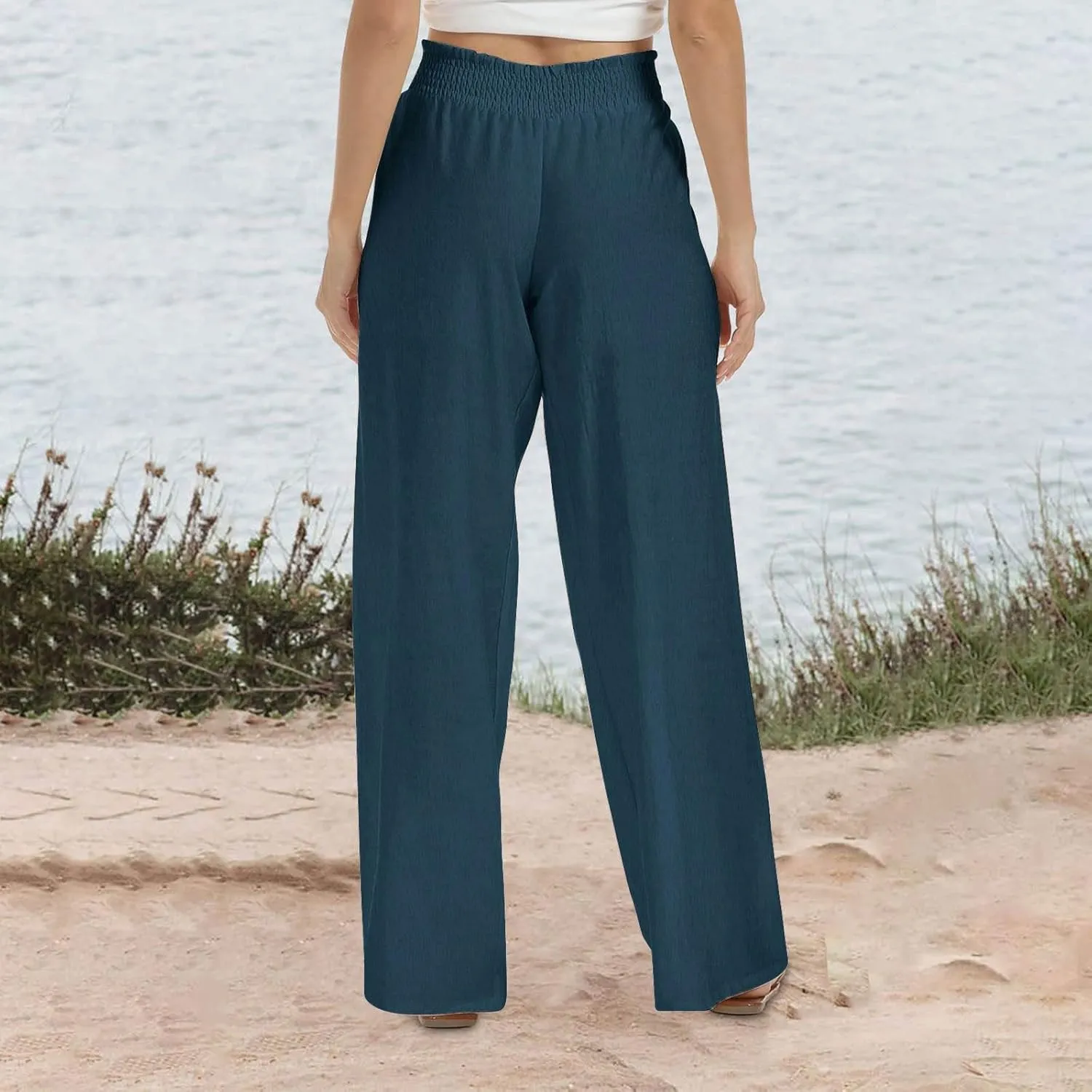 DOLKFU Wide Leg Lounge Pants for Women Elastic High Waist Paperbag Pants Baggy Flowy Straight Leg Palazzo Pants