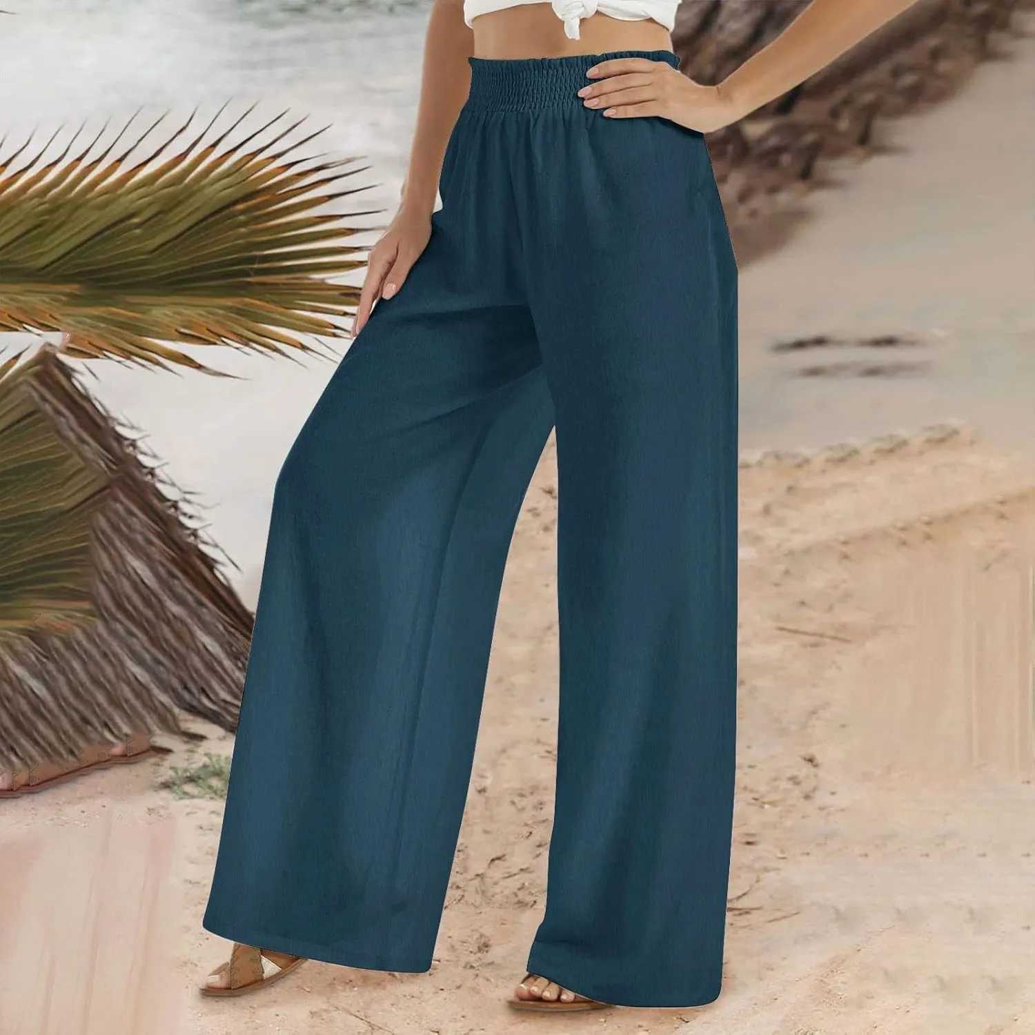 DOLKFU Wide Leg Lounge Pants for Women Elastic High Waist Paperbag Pants Baggy Flowy Straight Leg Palazzo Pants