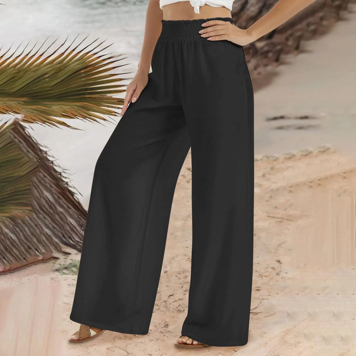 DOLKFU Wide Leg Lounge Pants for Women Elastic High Waist Paperbag Pants Baggy Flowy Straight Leg Palazzo Pants