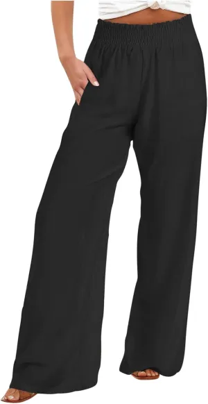 DOLKFU Wide Leg Lounge Pants for Women Elastic High Waist Paperbag Pants Baggy Flowy Straight Leg Palazzo Pants