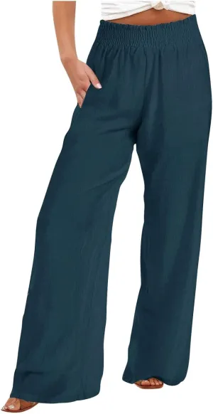 DOLKFU Wide Leg Lounge Pants for Women Elastic High Waist Paperbag Pants Baggy Flowy Straight Leg Palazzo Pants