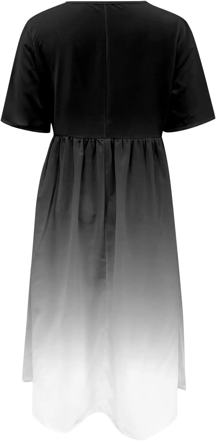 Dresses for Women 2024 Casual Loose Crewneck Short Sleeve Maxi Dress Gradient Ruched Empire Waist Summer Dresses