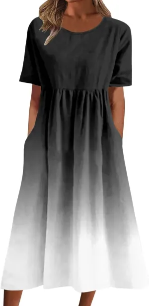 Dresses for Women 2024 Casual Loose Crewneck Short Sleeve Maxi Dress Gradient Ruched Empire Waist Summer Dresses