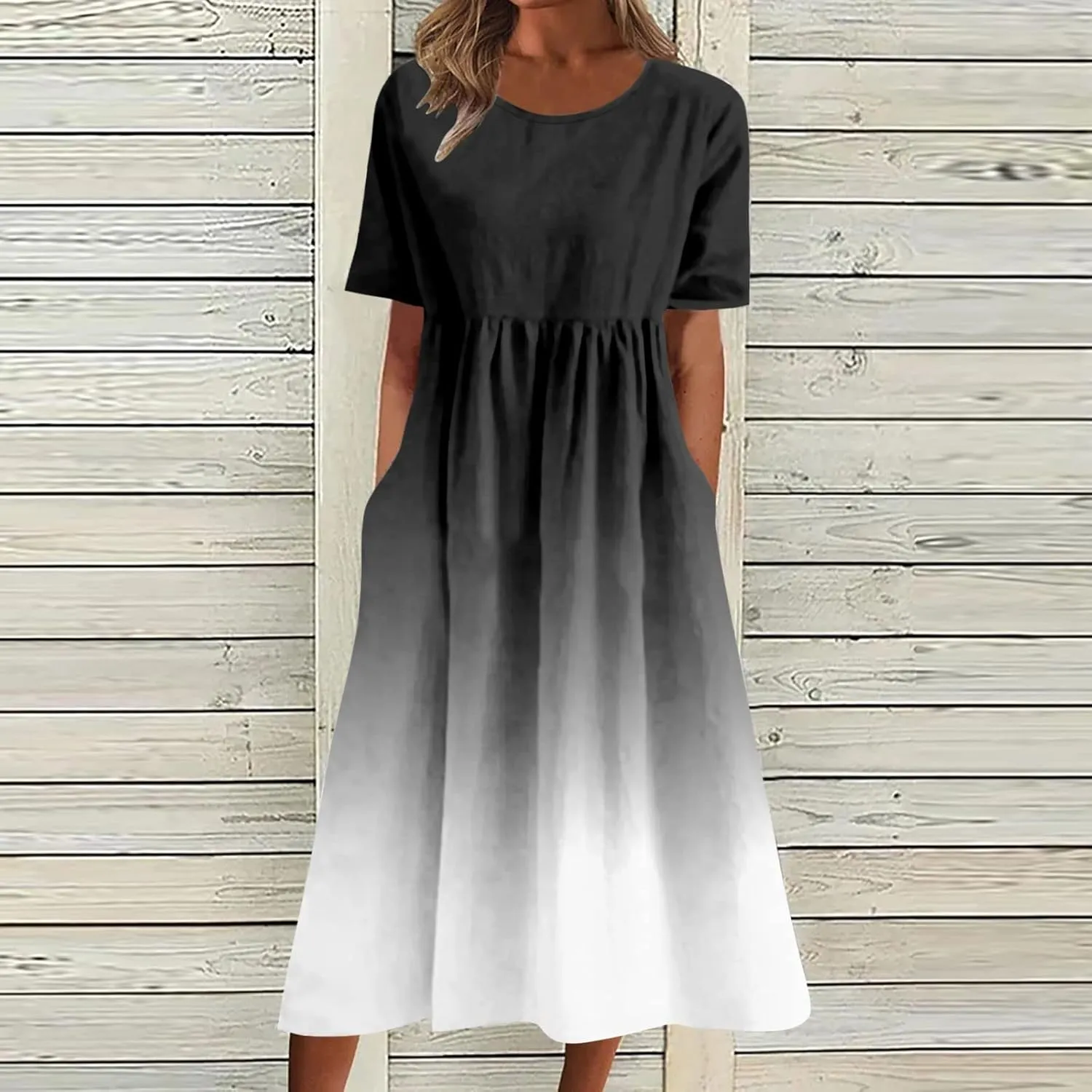 Dresses for Women 2024 Casual Loose Crewneck Short Sleeve Maxi Dress Gradient Ruched Empire Waist Summer Dresses