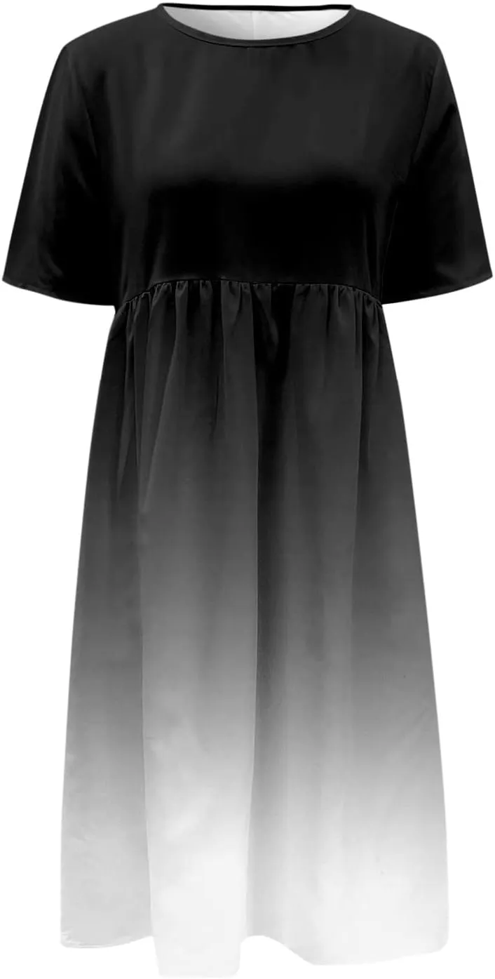 Dresses for Women 2024 Casual Loose Crewneck Short Sleeve Maxi Dress Gradient Ruched Empire Waist Summer Dresses