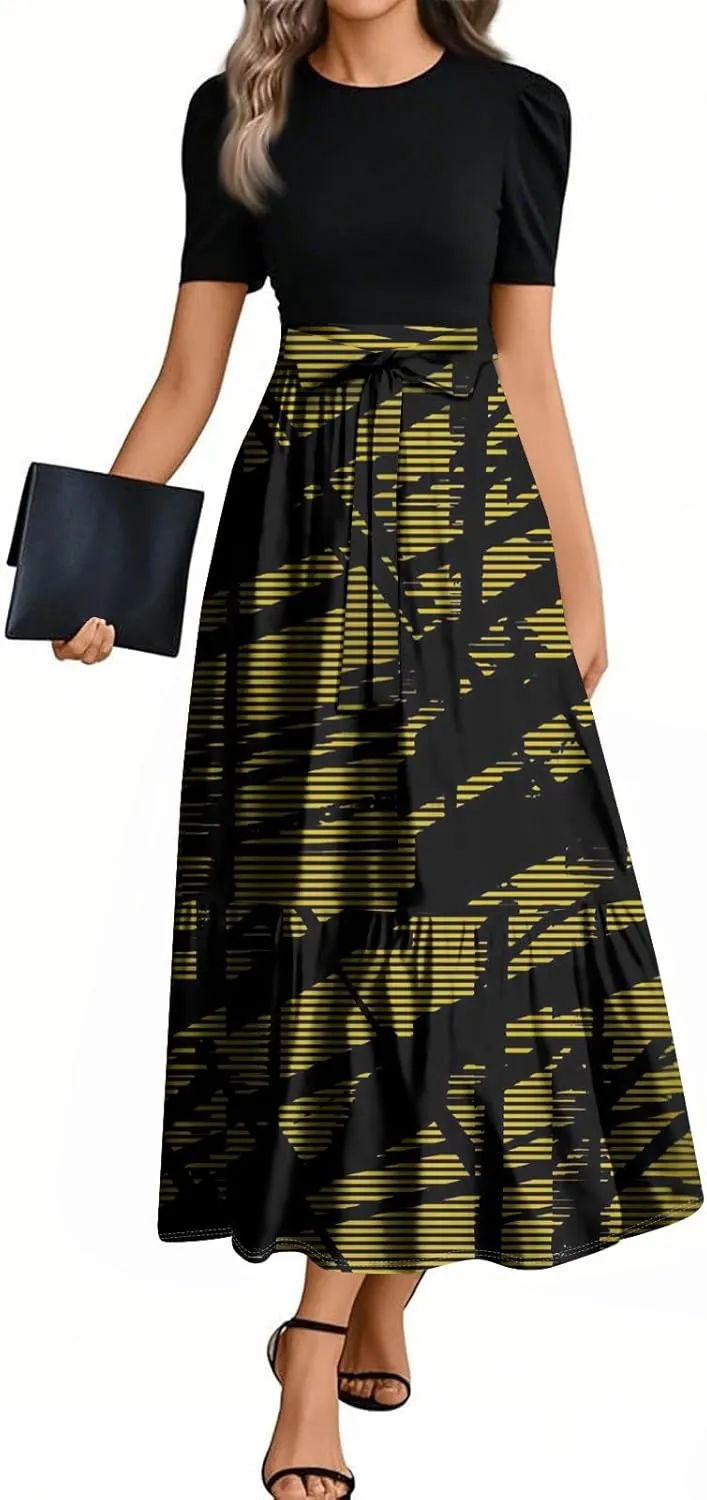 Dresses for Women 2025 Elegant Boho Tie Belted Patchwork Empire Waist Short Sleeve Modest Crewneck Maxi Dresses