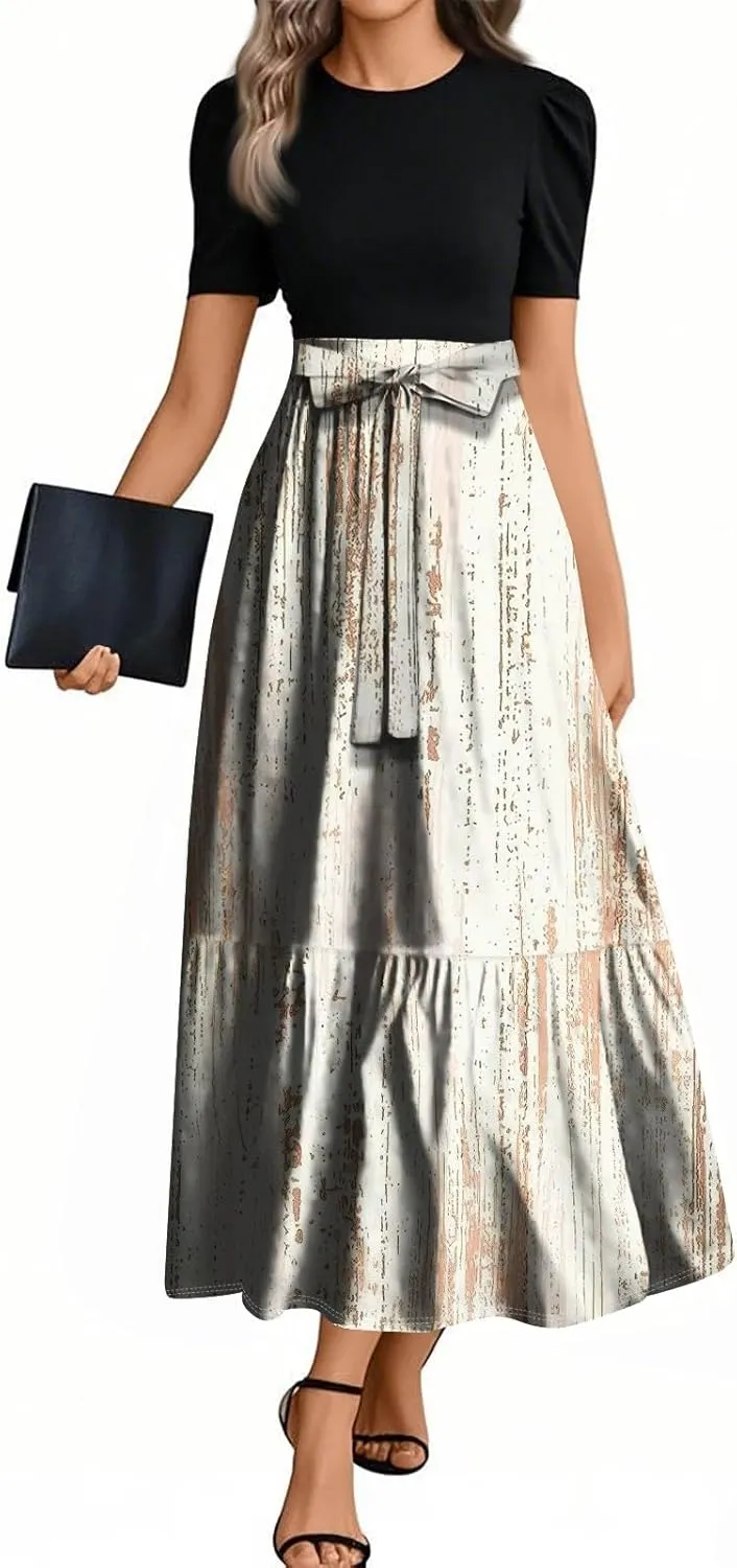 Dresses for Women 2025 Elegant Boho Tie Belted Patchwork Empire Waist Short Sleeve Modest Crewneck Maxi Dresses