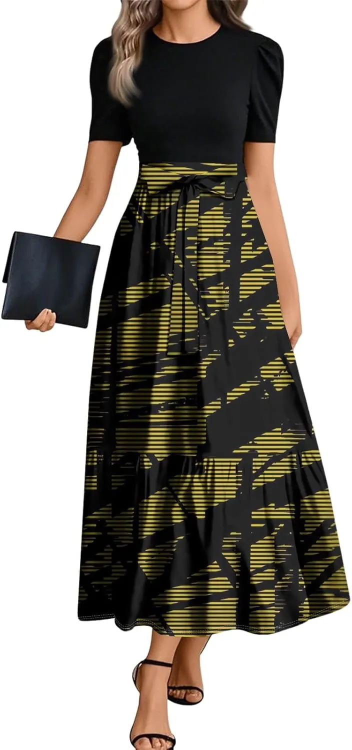 Dresses for Women 2025 Elegant Boho Tie Belted Patchwork Empire Waist Short Sleeve Modest Crewneck Maxi Dresses