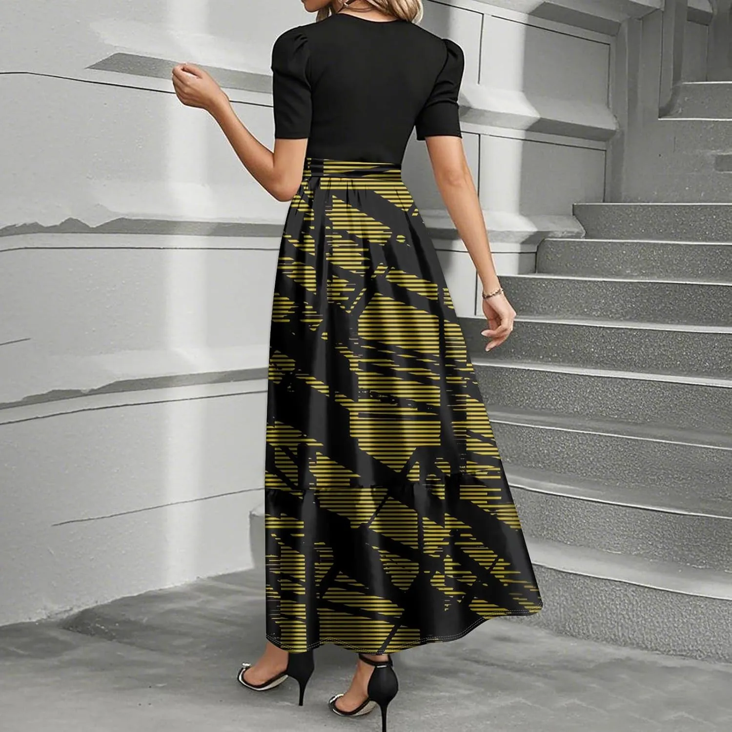 Dresses for Women 2025 Elegant Boho Tie Belted Patchwork Empire Waist Short Sleeve Modest Crewneck Maxi Dresses
