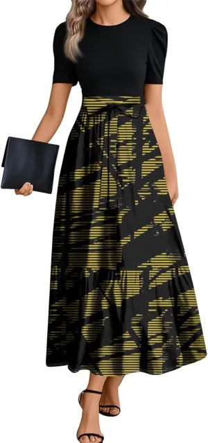 Dresses for Women 2025 Elegant Boho Tie Belted Patchwork Empire Waist Short Sleeve Modest Crewneck Maxi Dresses