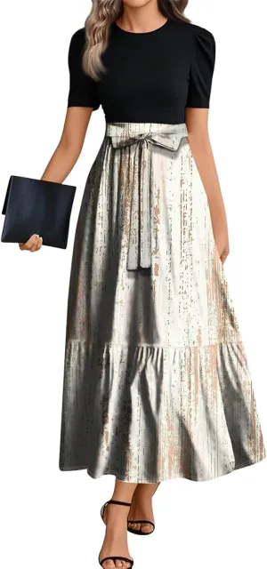 Dresses for Women 2025 Elegant Boho Tie Belted Patchwork Empire Waist Short Sleeve Modest Crewneck Maxi Dresses