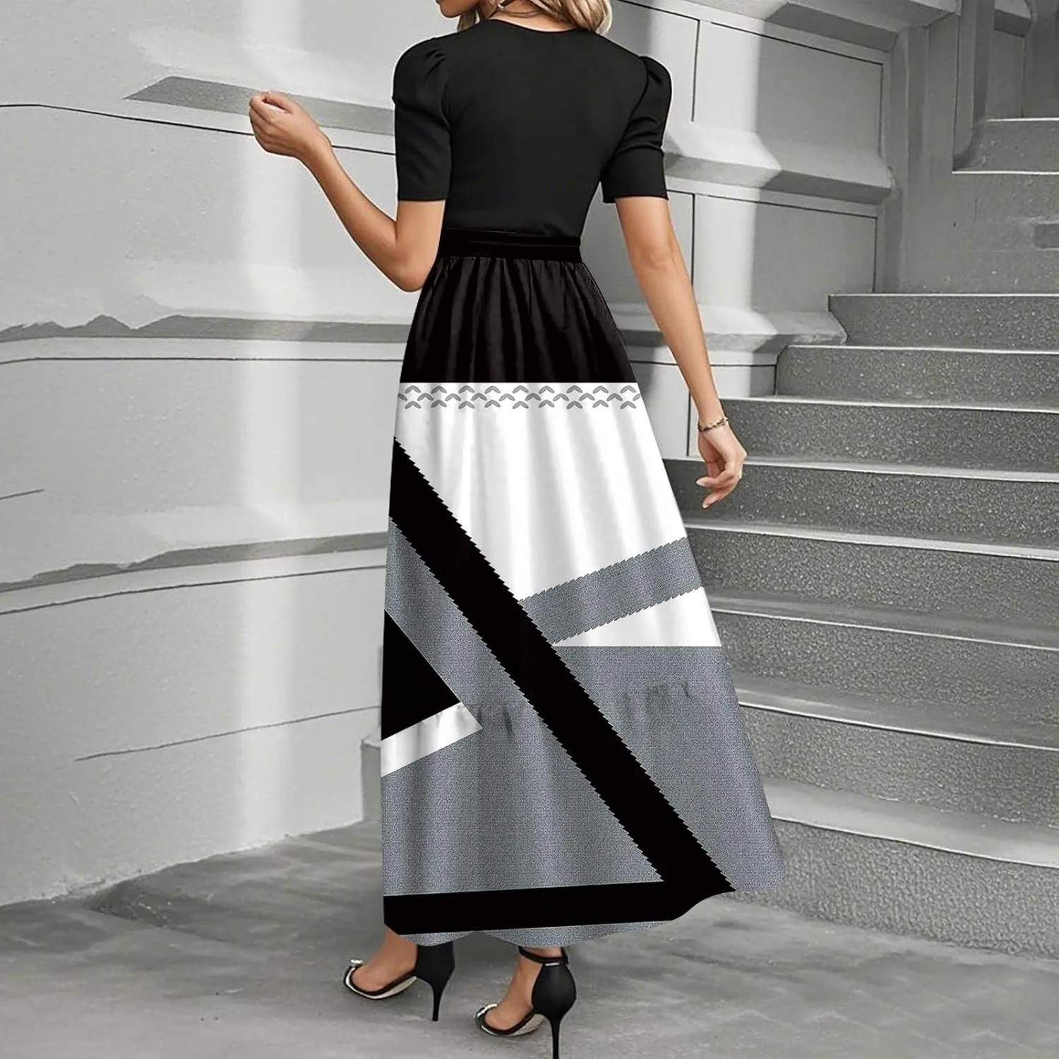 Dresses for Women 2025 Elegant Boho Tie Belted Patchwork Empire Waist Short Sleeve Modest Flowy Maxi Dress