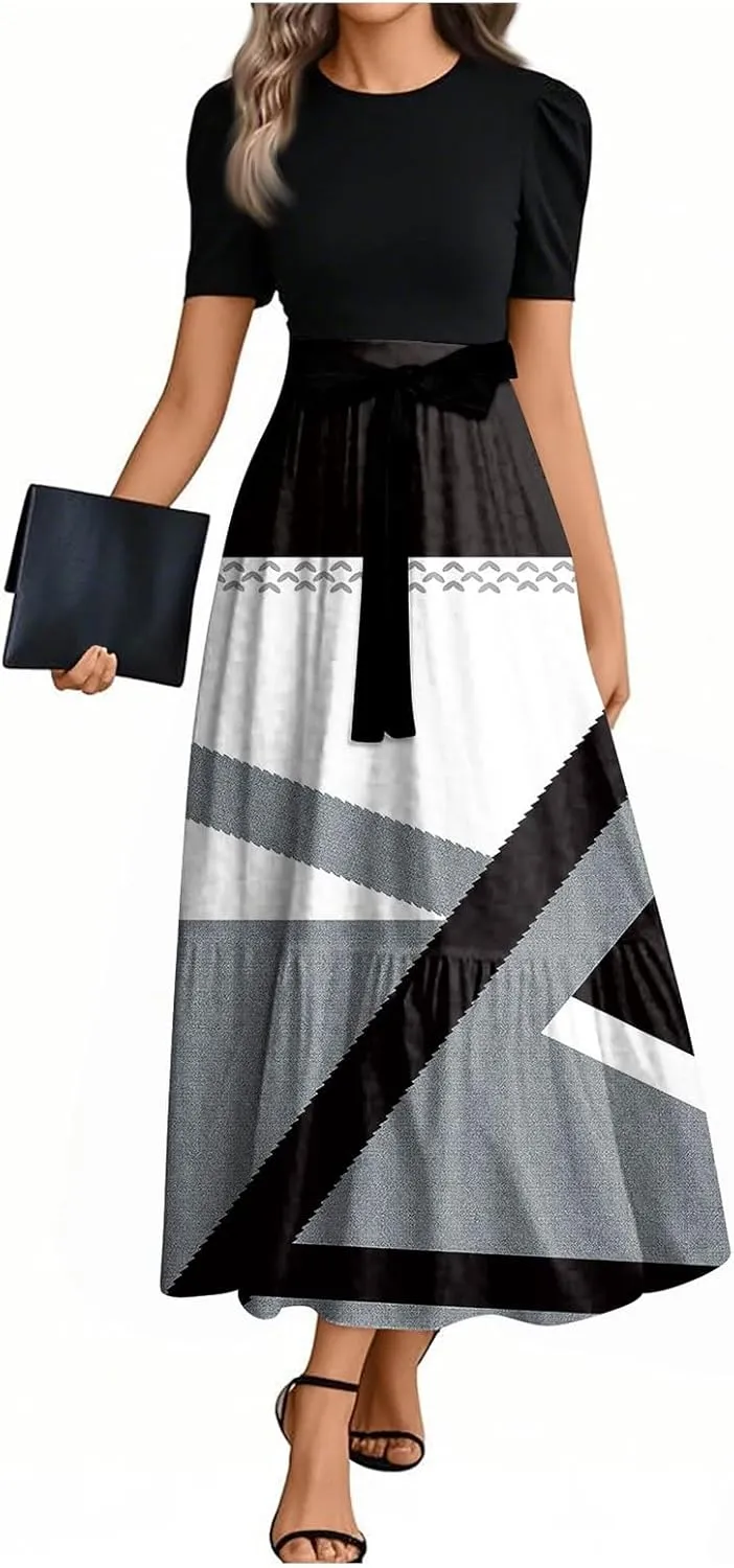 Dresses for Women 2025 Elegant Boho Tie Belted Patchwork Empire Waist Short Sleeve Modest Flowy Maxi Dress